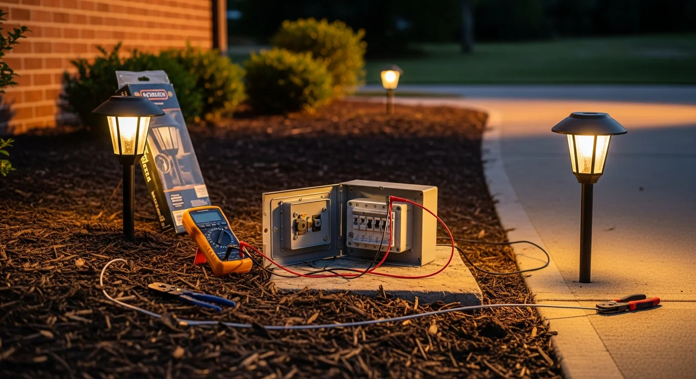 A Franklin, TN residential property at night with fully repaired outdoor pathway and driveway lighting casting even, consistent illumination across the front yard. A Homelight Nashville technician inspects a low-voltage fixture connection near a landscaped walkway.